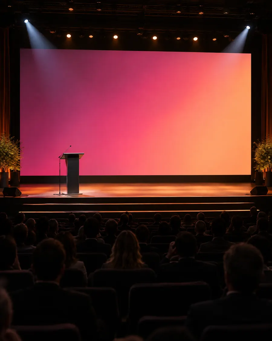 Auditorio preparado para un evento corporativo con pantalla, atril y luz cálida
